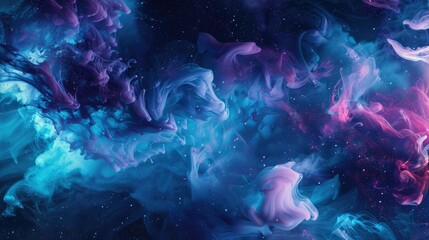 Ethereal blue and purple ink clouds swirl on a dark backdrop, creating an abstract cosmic scene