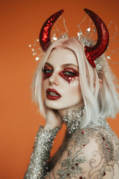 glamorous young woman with sparkly devil horns and elegant makeup on orange background, halloween costume