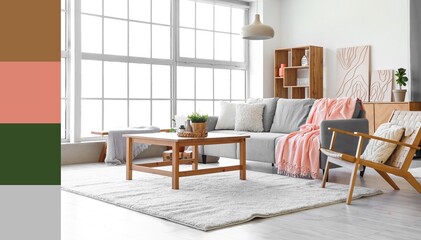 Modern interior of living room with cozy sofa, armchair and table. Different color patterns