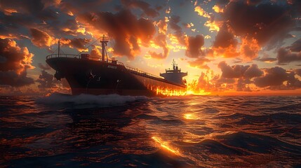 Fototapeta premium Massive Freighter Vessel Navigating Dramatic Oceanic Sunset Scenery