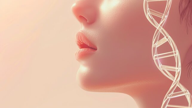 Glass DNA stems and a sensual woman against beige background, representing the science of beauty concept