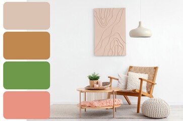 Stylish interior of living room with cozy armchair, table and picture. Different color patterns
