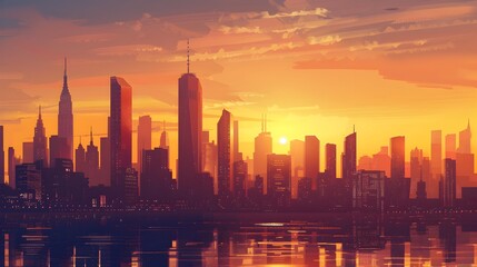 Fototapeta premium Breathtaking Cityscape at Sunset with Majestic Skyscrapers Silhouettes and Reflections in the Water