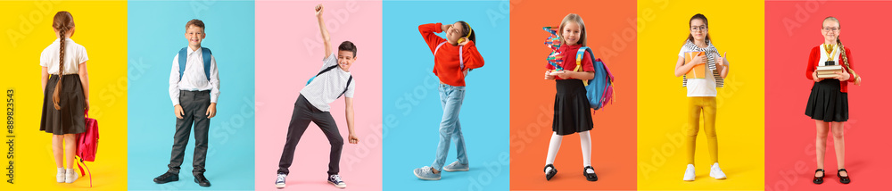 Sticker Set of cute schoolchildren on color background