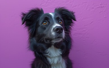 Fototapeta premium A docile, natural-looking border collie against a violet background. Close-up of a Border Collie in a mysterious violet tone.