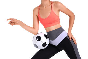 Beautiful young sporty woman with soccer ball isolated on white background, closeup