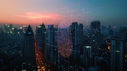 Obraz premium Hologram of a fingerprint over city buildings during twilight, showcasing digital security in modern urban settings
