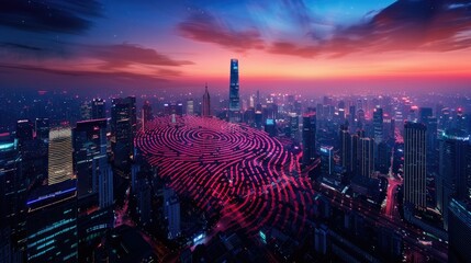 Holographic fingerprint floating above a cityscape during twilight, symbolizing digital security in urban settings