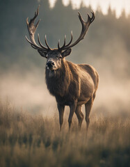 Fototapeta premium A majestic stag standing in a meadow, with mist rising in the early morning light 