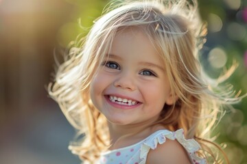 Fototapeta premium Happy smiling little girl with blonde hair outdoors. Cute child with beautiful face looking into camera close-up portrait