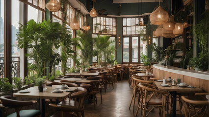 Fototapeta premium Cafe interior with modern wicker lamps