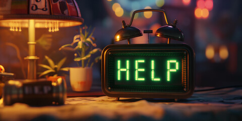 Vintage alarm clock displaying help message on nightstand