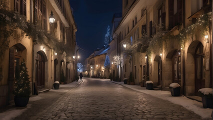 Snowy winter street with festive lights