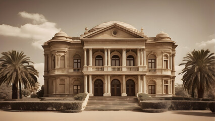 Fototapeta premium Vintage sepia-toned grand mansion facade