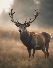 Fototapeta premium A majestic stag standing in a meadow, with mist rising in the early morning light 