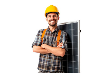 A technician is standing idle, the man has a solar panel behind him to generate renewable energy. The man looks confident.