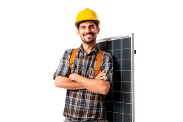 A technician is standing idle, the man has a solar panel behind him to generate renewable energy. The man looks confident.