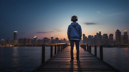 Fototapeta premium Boy on pier looking at city skyline at dusk
