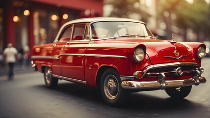 Classic red vintage car on city street