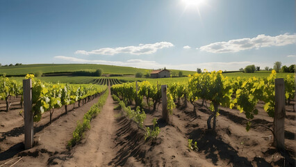 Naklejka premium Vineyard landscape with bright sunny sky