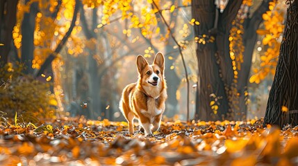 Pembroke Welsh Corgi walking through the vibrant autumn park landscape, a scene of seasonal charm
