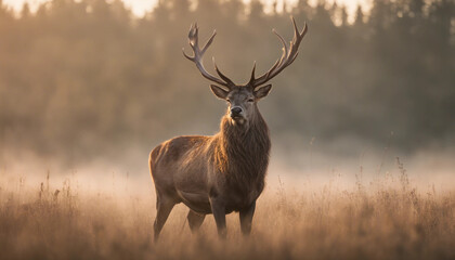 A majestic stag standing in a meadow, with mist rising in the early morning light
