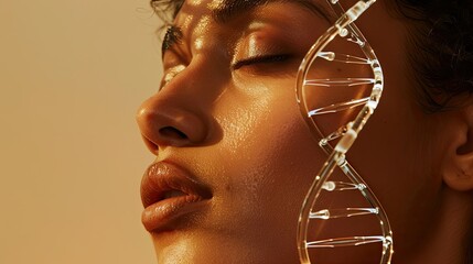 Sensual woman and glass DNA stems against beige backdrop, highlighting the intersection of beauty and science