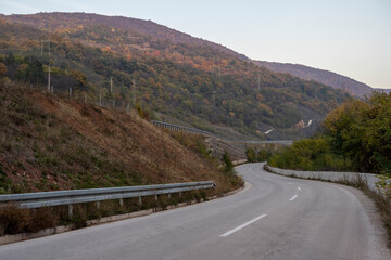 Summer country road with trees beside. Rural environment road. Nature road. Asphalt road.