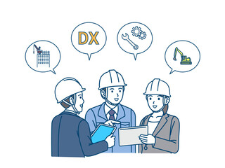 ミーティングや話し合いをする建設業、製造関係のイラスト