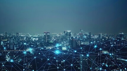Smart city network connection dots and lines, illustrating futuristic technology and big data integration