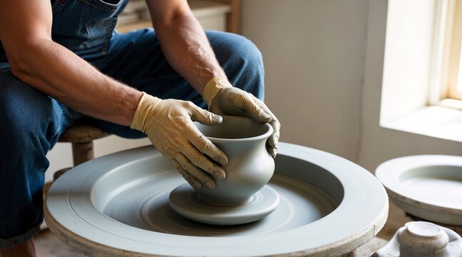 Closeup of a person's hands wearing gloves  shaping a clay pot on a pottery wheel.