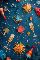 Fototapeta premium colorful party decorations scattered across a bright blue background