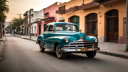Old green classic car in a street at daytime