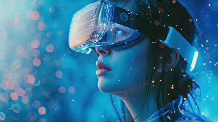 Woman using augmented reality glasses in virtual environment. Metaverse technology interface