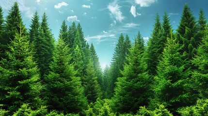 Obraz premium Serene forest landscape with lush green pine trees under a clear blue sky, showcasing the beauty of nature and tranquil wilderness