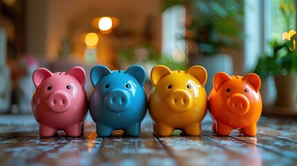 Obraz premium Family with piggy banks representing different savings goals, personal finance management, categorized saving