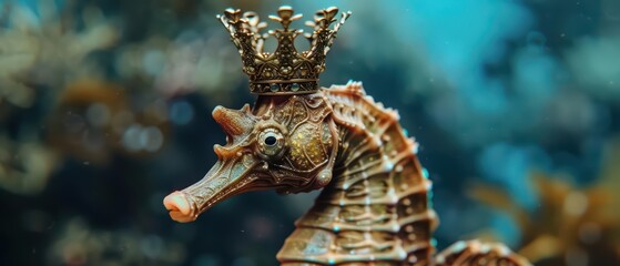 Fototapeta premium A seahorse wearing a royal crown and robe is ruling over an enchanted underwater kingdom