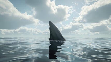Fototapeta premium Shark fin on ocean surface in cloudy clear sky