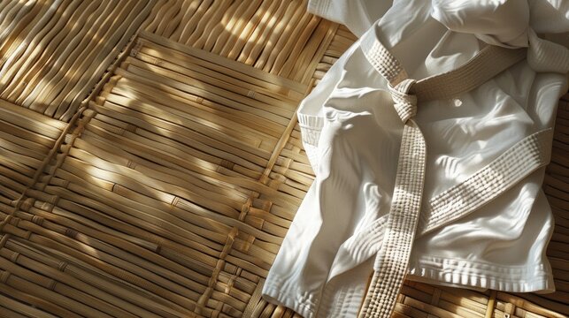 Gi martial arts uniform for Karate Judo Jiu Jitsu Kenpo taekwondo and a white belt on Tatami Japanese straw floor covering