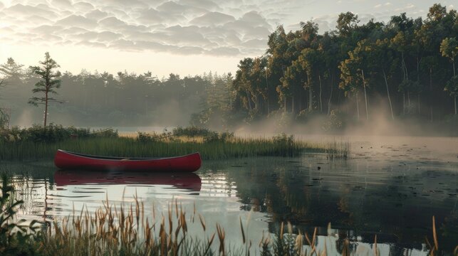 Outdoor photo of picture of a landscape with a misty morning lake red canoo in background and green trees