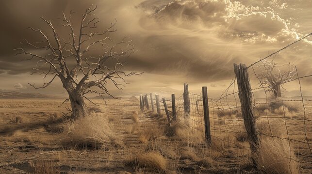 Dead trees with dry dead grass during severe drought old fenceline in foreground dust storm on horizon