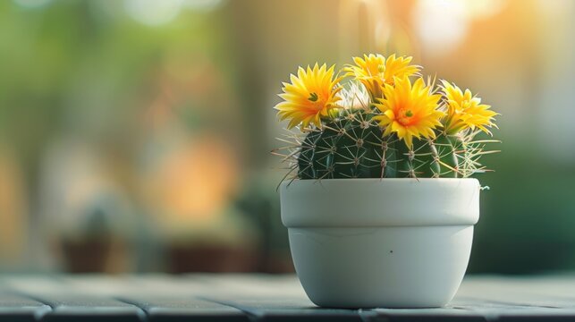 Close up of Parodia cactus Eriocactus with yellow flowers in natural light small succulent plant in a white potted for decorating in the room
