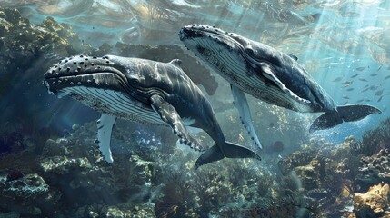 Fototapeta premium Humpback whales and calf