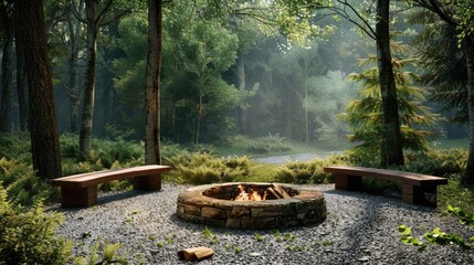 Imagine a serene forest scene with a welldesigned stone fire pit encircled by a wooden bench resting on gravel It offers a cozy spot for outdoor gatherings and embracing nature