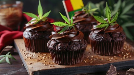 Organic Marijuana chocolate Muffins of Dark Chocolate with CBD cannabis and fresh green hemp leaves The colors of the reggae flag are red yellow green and black Cupcake with Marijuana