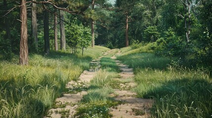 Dirt road in green grass at the forest edge summer time