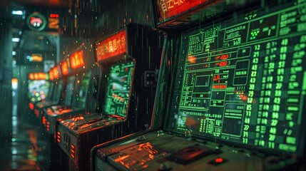 Futuristic Cityscape With Rain and Computer Screens Displaying Data