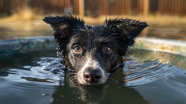 australian kelpie swimming in trough after cattle muster