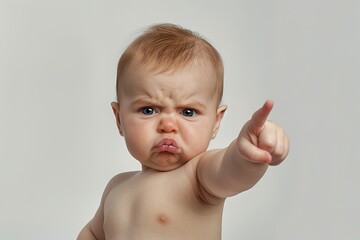 Ultra realistic photograph of an angry baby pointing with an intense expression,conveying themes of childhood frustration, determination, or assertiveness.Newborn baby with cute and exaggerat