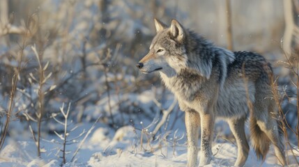 Obraz premium Grey Wolf Canis lupus Stands Still Looking Right Winter captive animal